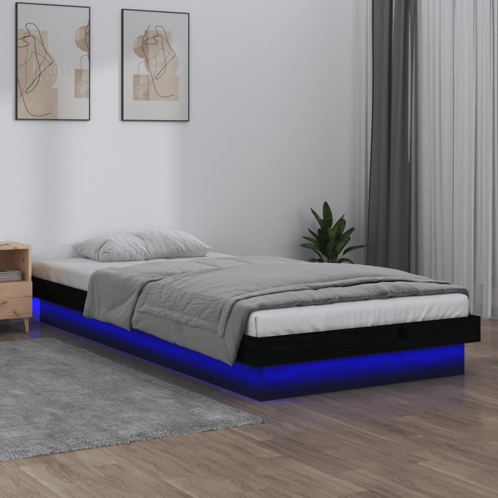 vidaXL fekete tömör fa ágykeret LED-világítással 100 x 200 cm
