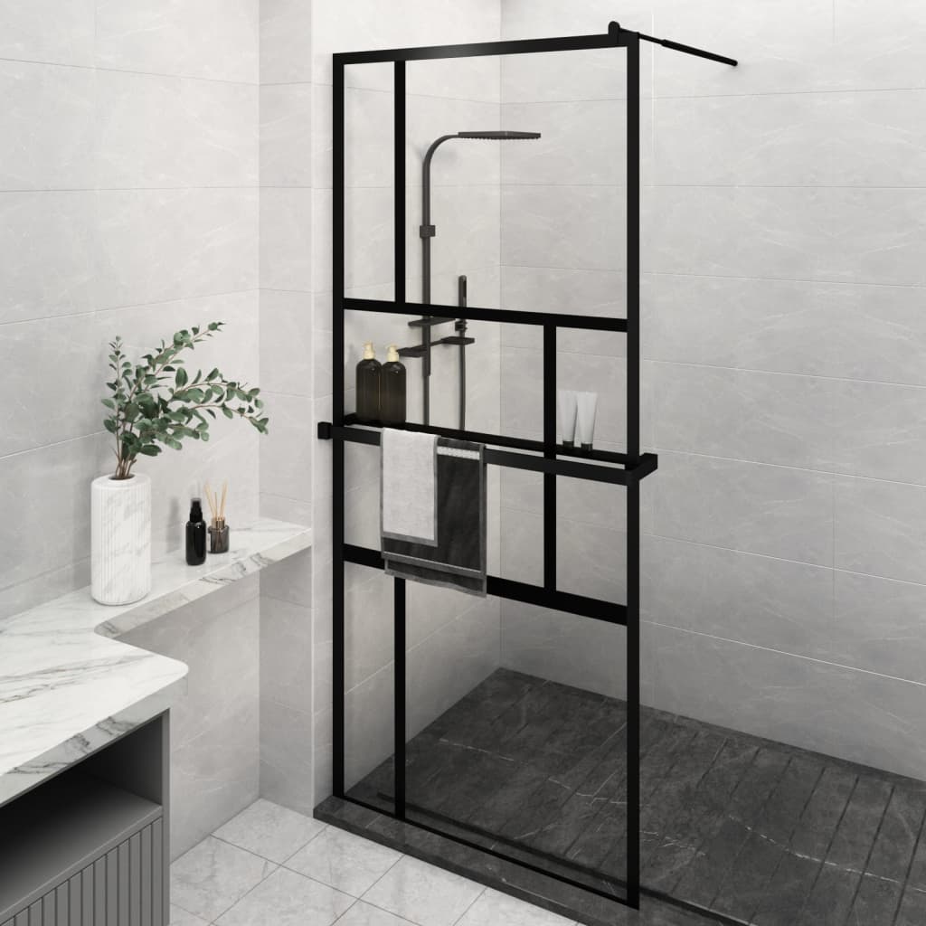 vidaXL fekete ESG üveg és alumínium zuhanyfal polccal 90 x 195 cm