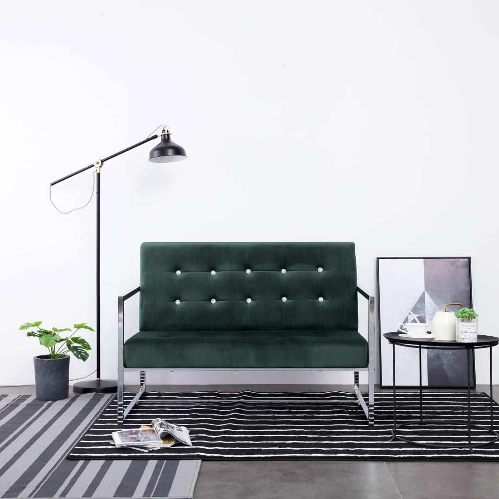 vidaXL kétszemélyes sötétzöld króm és bársony karfás kanapé
