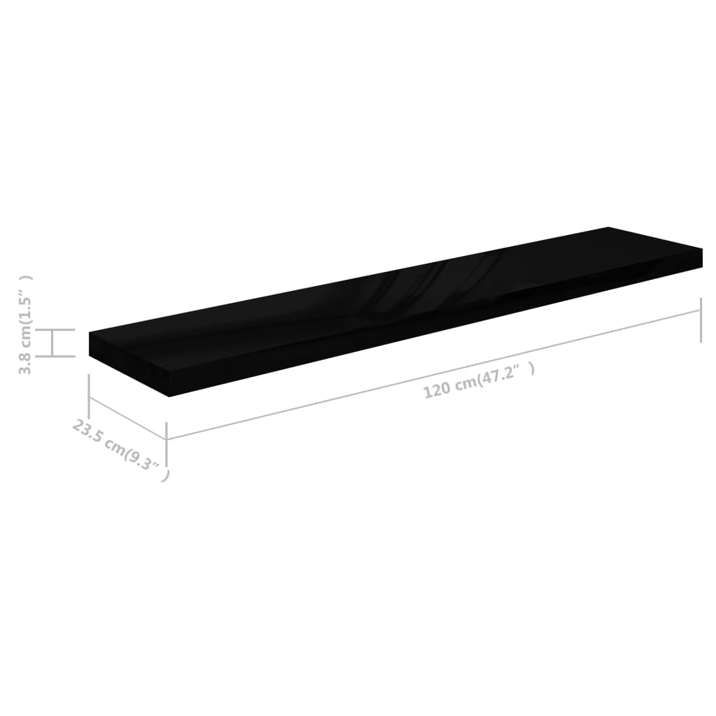 vidaXL 4 db magasfényű fekete MDF lebegő fali polc 120 x 23,5 x 3,8 cm