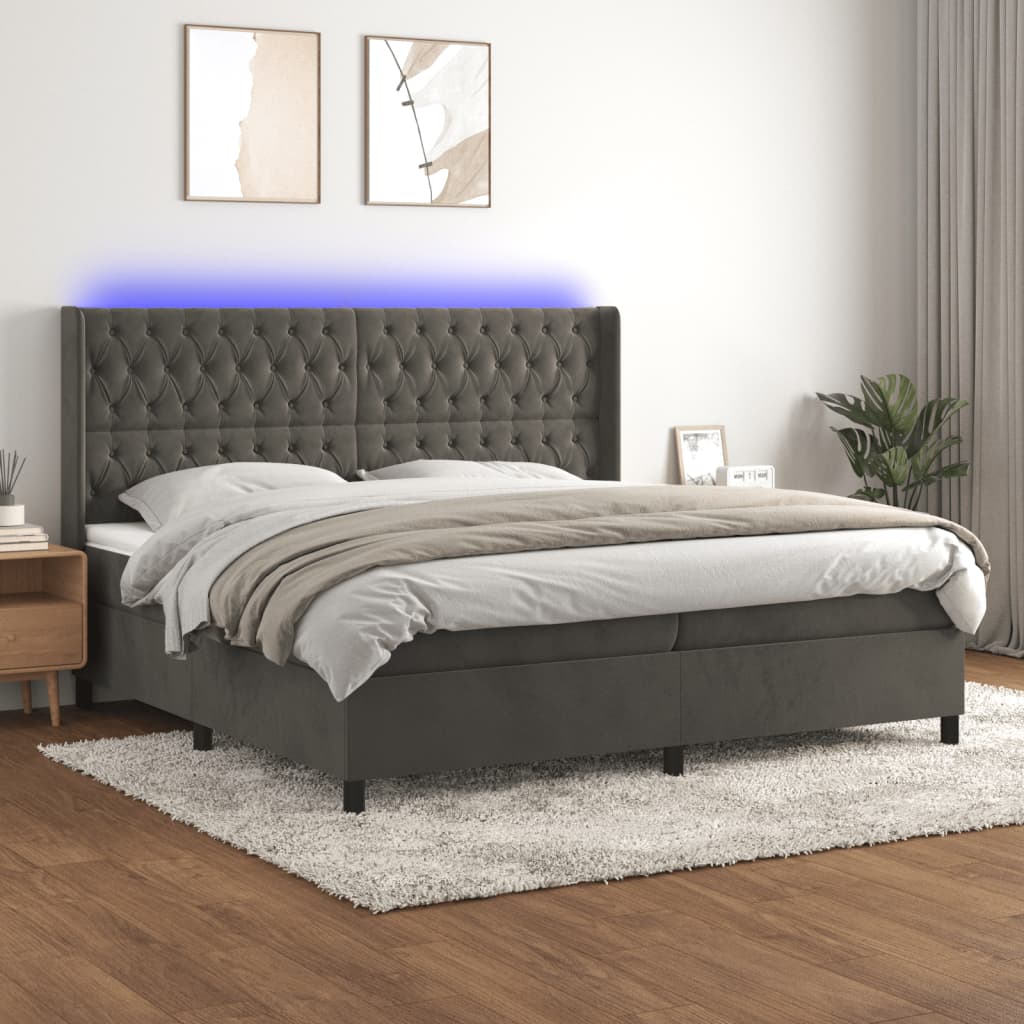 vidaXL sötétszürke bársony rugós és LED-es ágy matraccal 200x200 cm