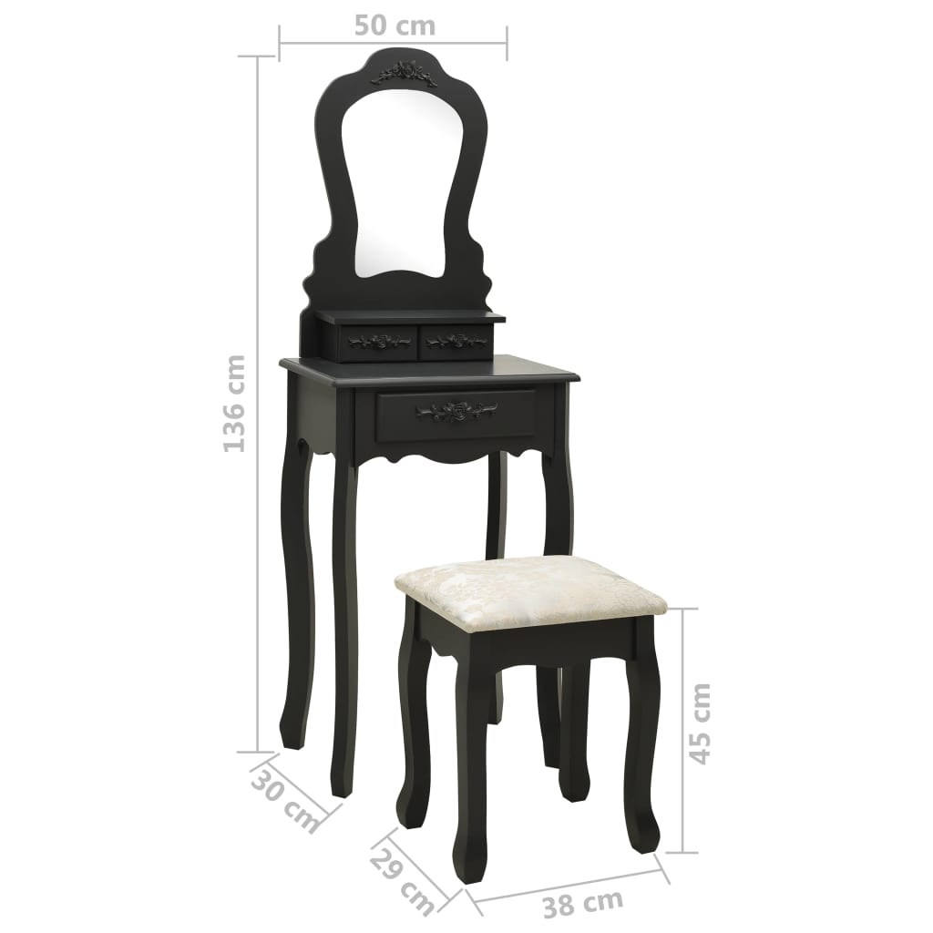 vidaXL fekete császárfa fésülködőasztal-szett ülőkével 50x59x136 cm