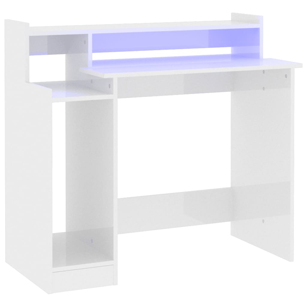 vidaXL magasfényű fehér szerelt fa íróasztal LED-ekkel 97 x 45 x 90 cm