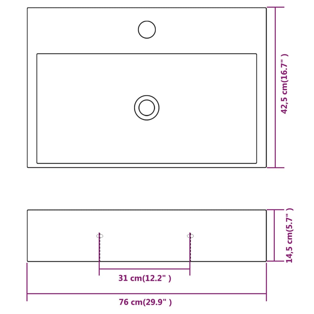 vidaXL Fehér kerámia mosdó csaptelep furattal 76x42,5x14,5 cm
