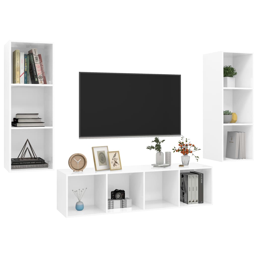 vidaXL 3 részes magasfényű fehér forgácslap TV-szekrény szett