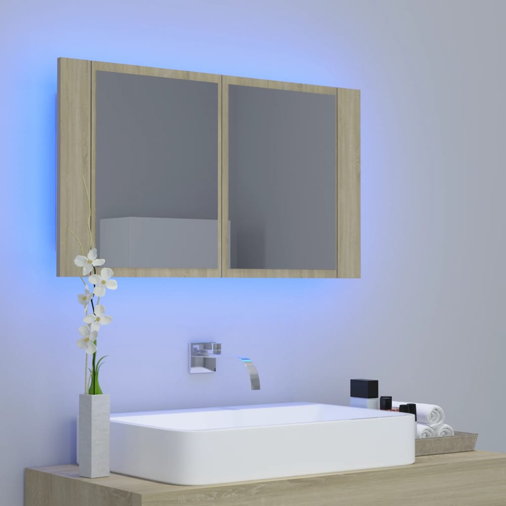 vidaXL tölgyszínű akril LED-es tükrös fürdőszobaszekrény 80x12x45 cm