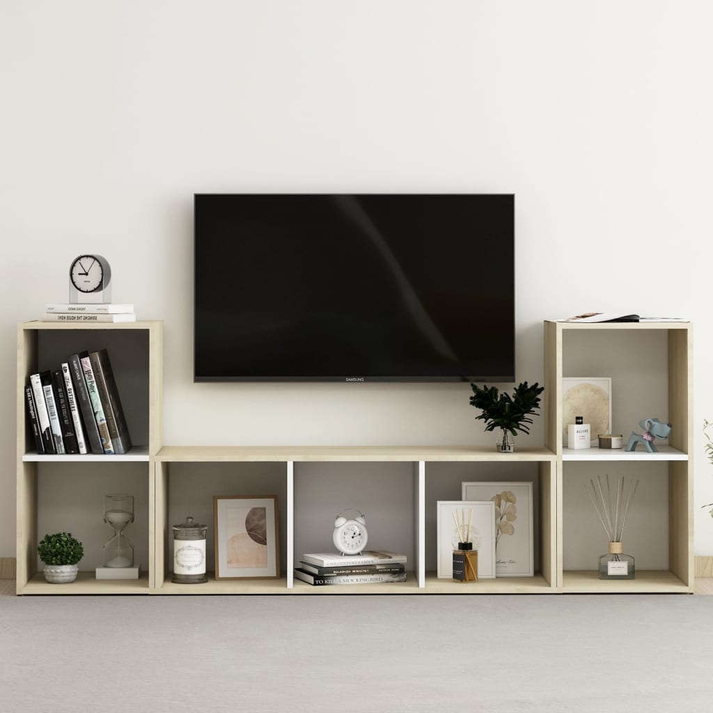 vidaXL 3 részes fehér és tölgyszínű forgácslap TV-szekrény szett