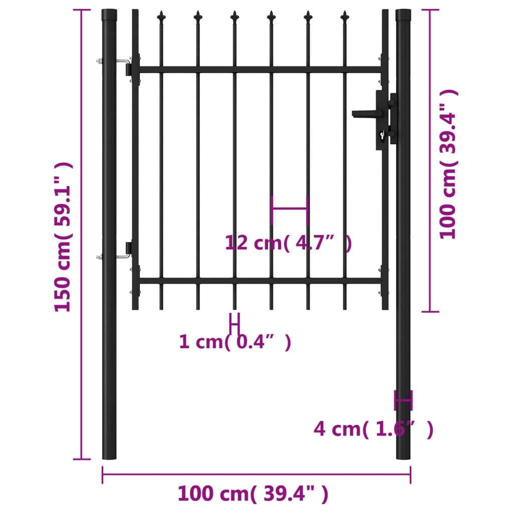 vidaXL fekete acél lándzsahegy tetejű kerítéskapu 1 x 1 m