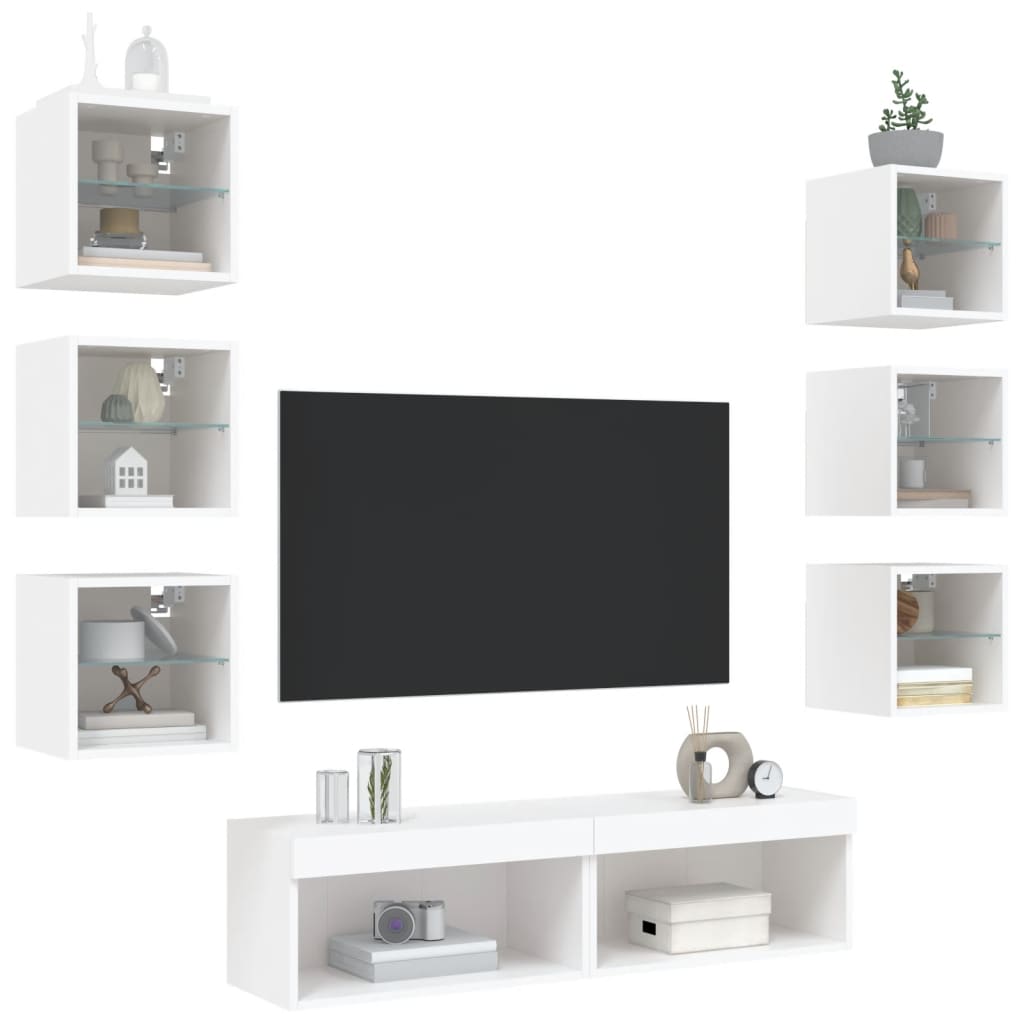 vidaXL 8 darab fehér szerelt fa fali TV-bútor LED-del