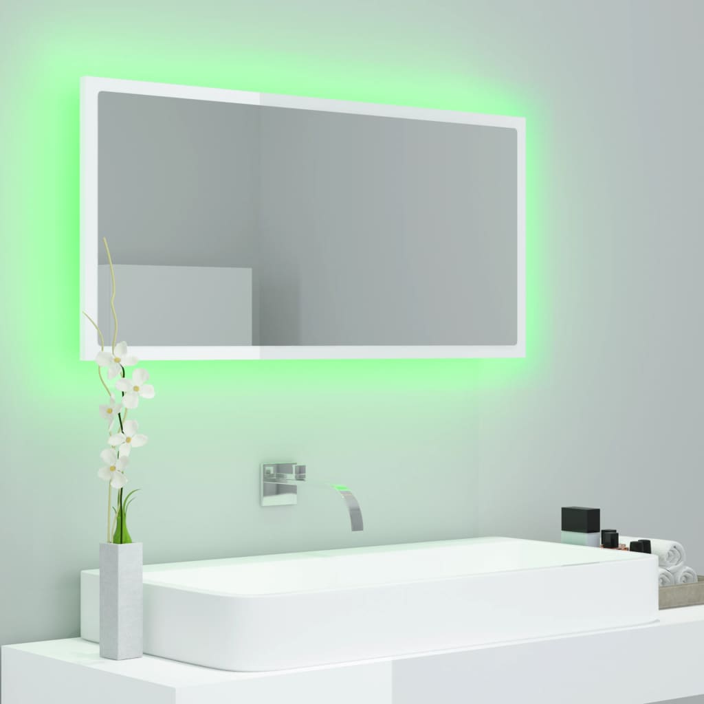 vidaXL magasfényű fehér LED-es mérnöki fa fürdőszobatükör 90x8,5x37 cm