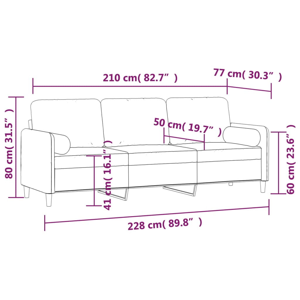 vidaXL 3 személyes világosszürke bársony kanapé párnákkal 210 cm