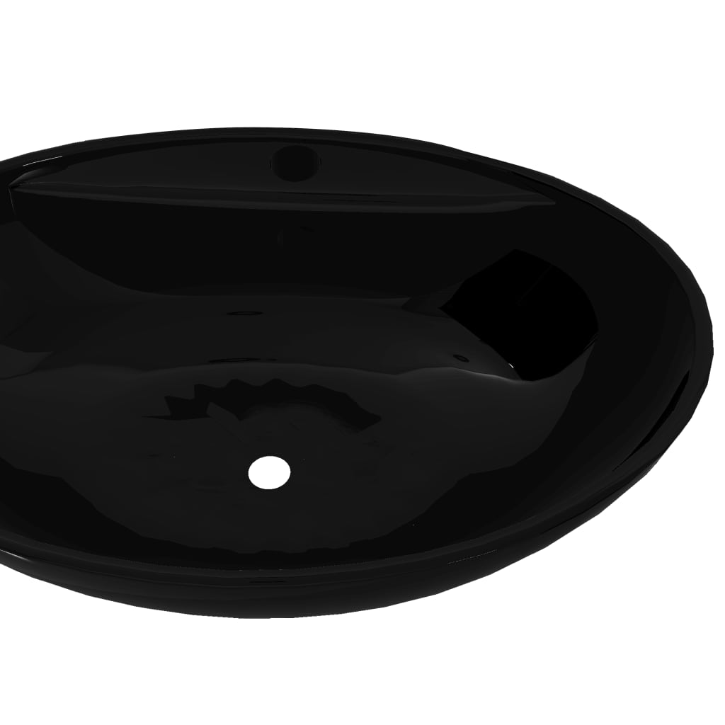 Fürdőszoba ovális kerámia mosdó Csaptelep és túlfolyó lukkal fekete