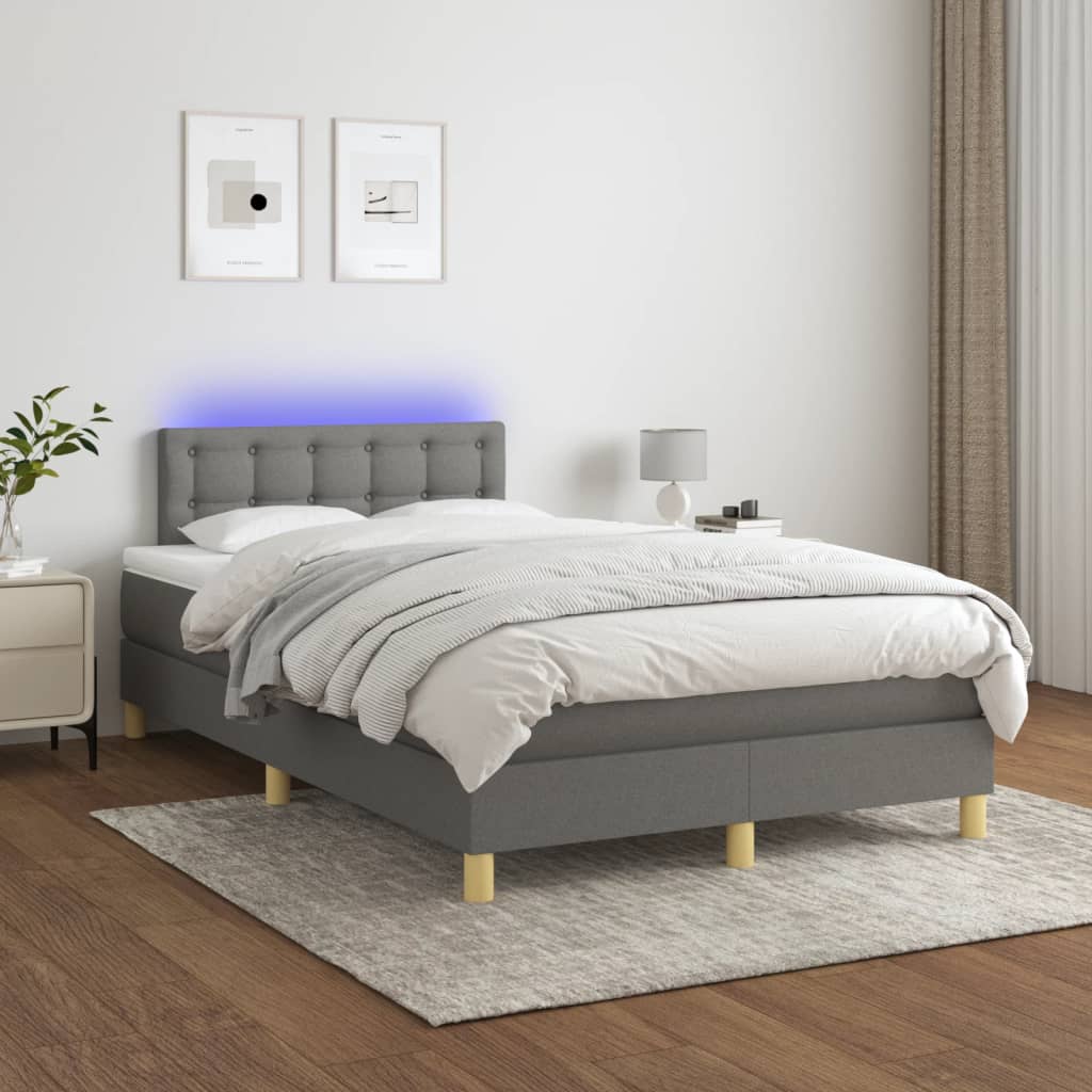 vidaXL sötétszürke szövet rugós és LED-es ágy matraccal 120 x 200 cm