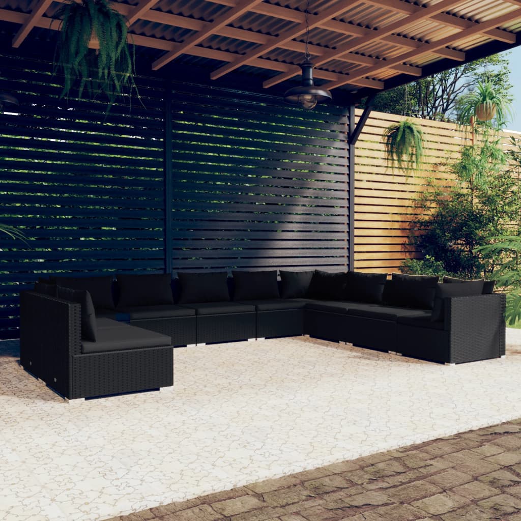 vidaXL 10-részes fekete polyrattan kerti ülőgarnitúra párnákkal