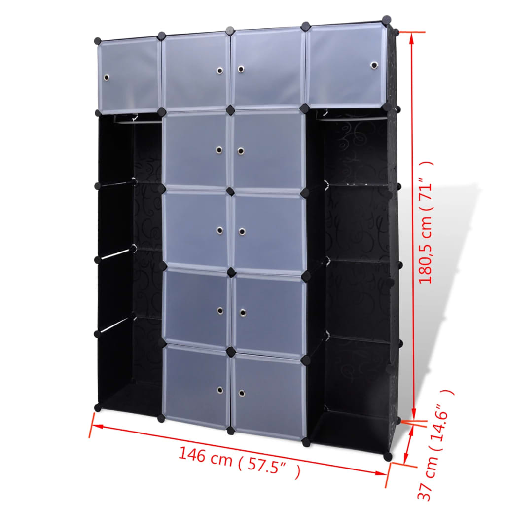 vidaXL fekete/fehér moduláris szekrény 14 rekesszel 37x146x180,5 cm