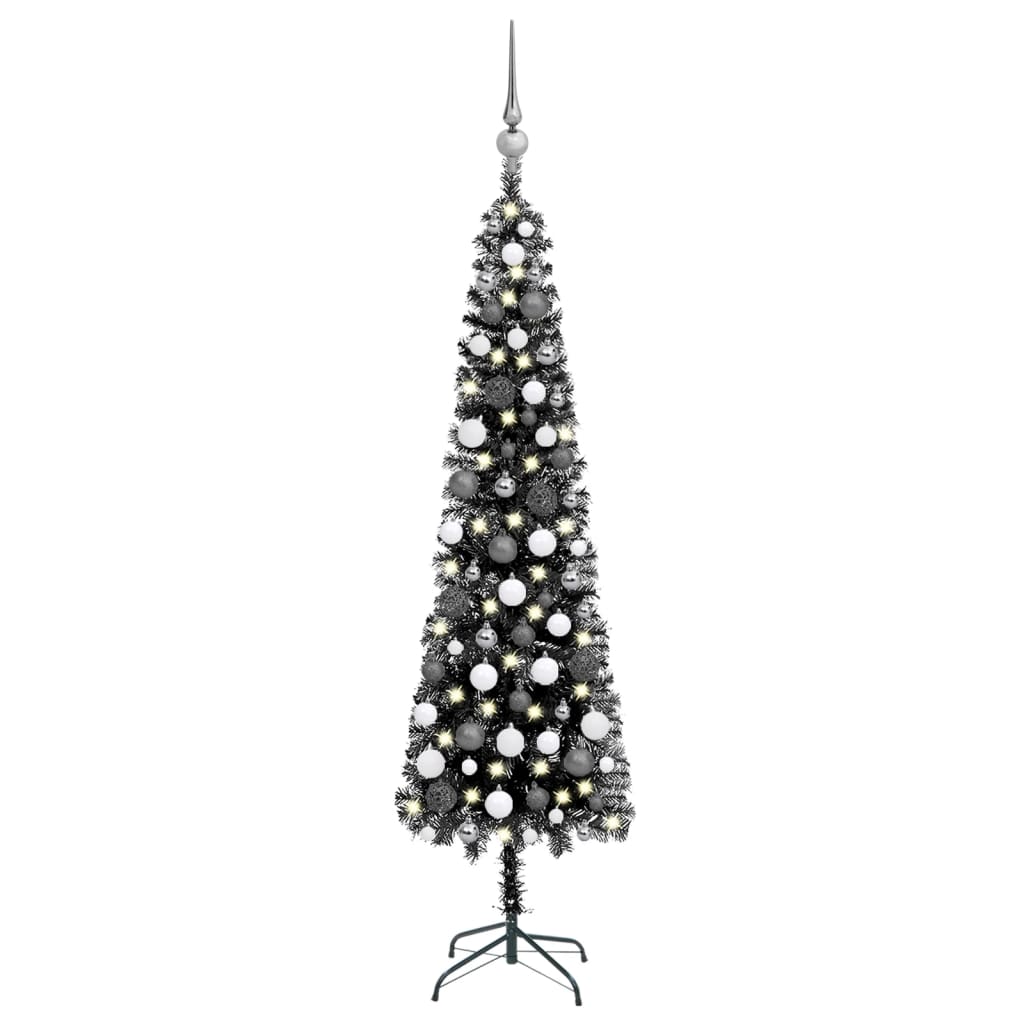 vidaXL fekete vékony karácsonyfa LED-ekkel és gömbszettel 150 cm