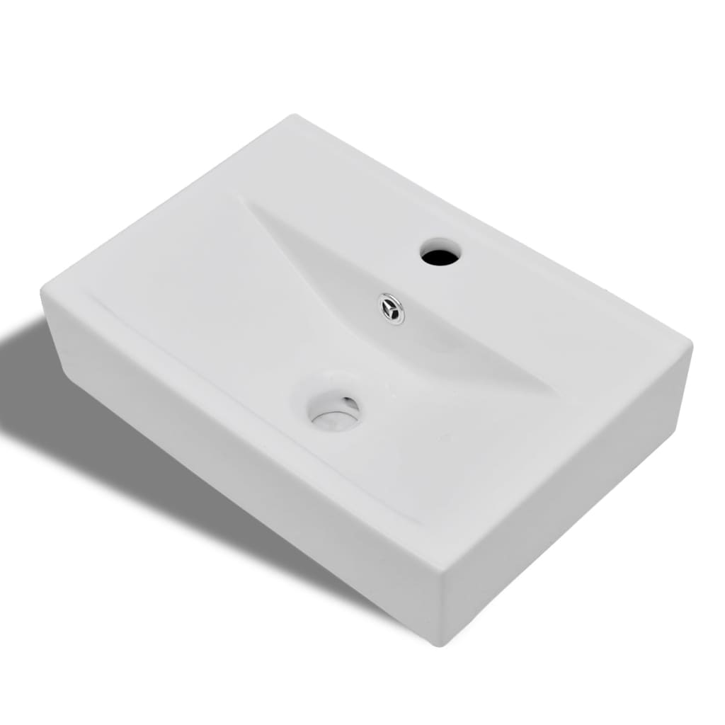 Fehér négyszögű kerámia mosdókagyló csapteleppel/túlfolyó nyílással