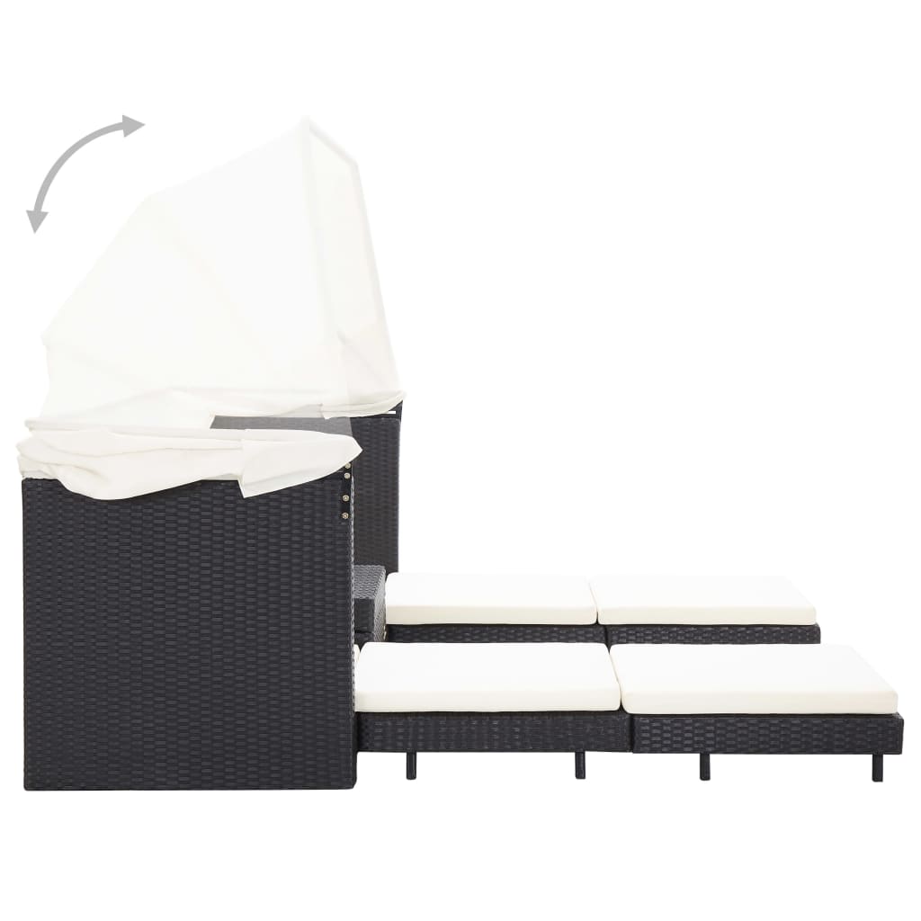 vidaXL 3-személyes fekete kinyitható műrattan kanapéágy tetővel