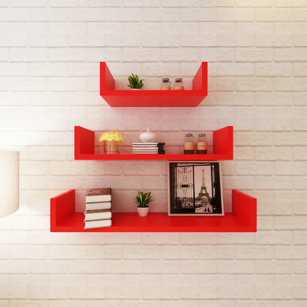 3 piros MDF U-alakú lebegő fali könyvpolc/DVD tároló