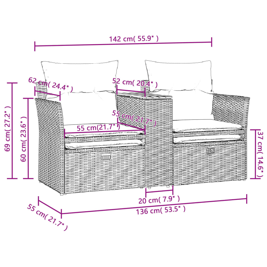 vidaXL 2 személyes szürke polyrattan kerti kanapé zsámolyokkal