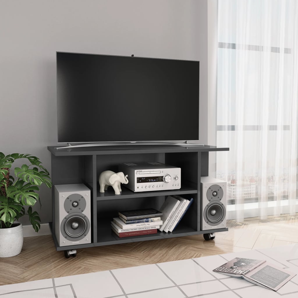 vidaXL magasfényű szürke szerelt fa TV-szekrény görgőkkel 80x40x45 cm