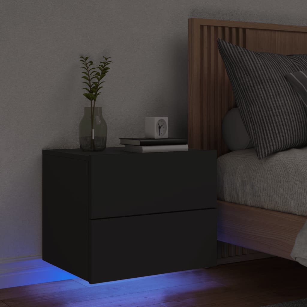 vidaXL fekete falra szerelhető éjjeliszekrény LED-világítással