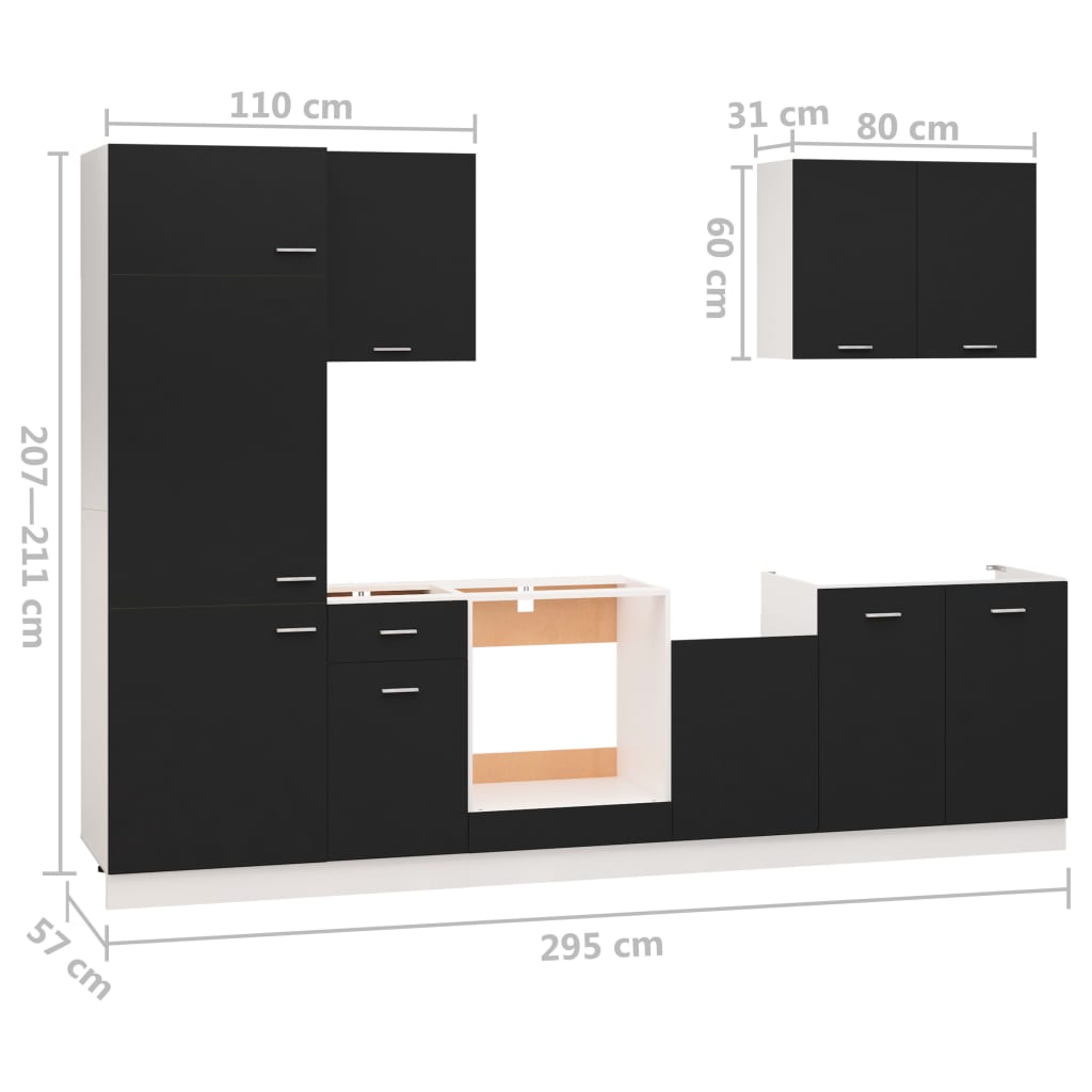 vidaXL 7 részes fekete forgácslap konyhai szekrénygarnitúra