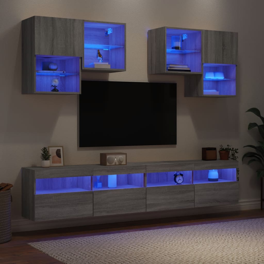 vidaXL 6 db szürke sonoma színű falra szerelhető TV-szekrény LED-ekkel