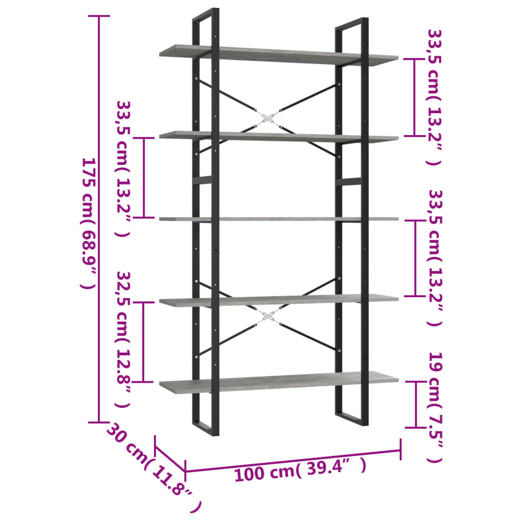 vidaXL 5 szintes betonszürke szerelt fa könyvszekrény 100x30x175 cm