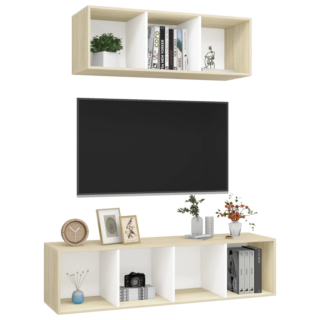 vidaXL 2 részes fehér és tölgyszínű forgácslap TV-szekrény szett