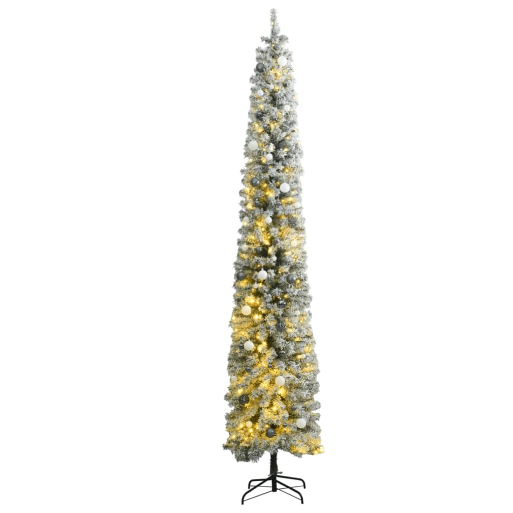 vidaXL vékony karácsonyfa 300 LED-del gömbökkel és hópehellyel 270 cm