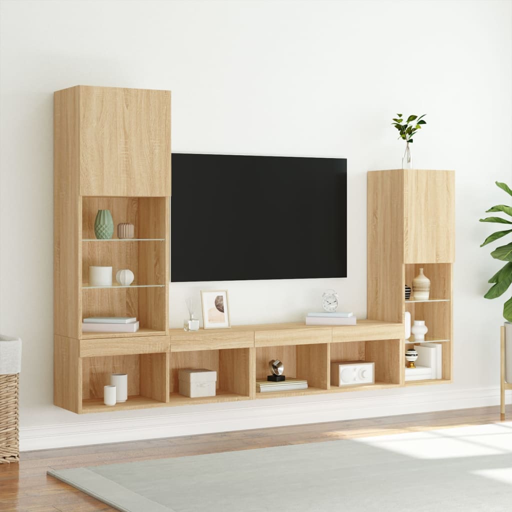 vidaXL 4 darab füstös tölgy színű szerelt fa TV-bútor LED-del