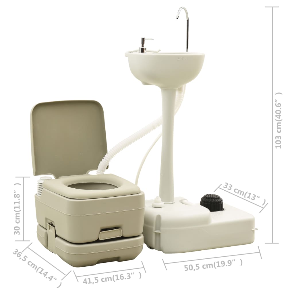 vidaXL szürke hordozható kemping-WC 10+10 L és kézmosóállvány 20 L