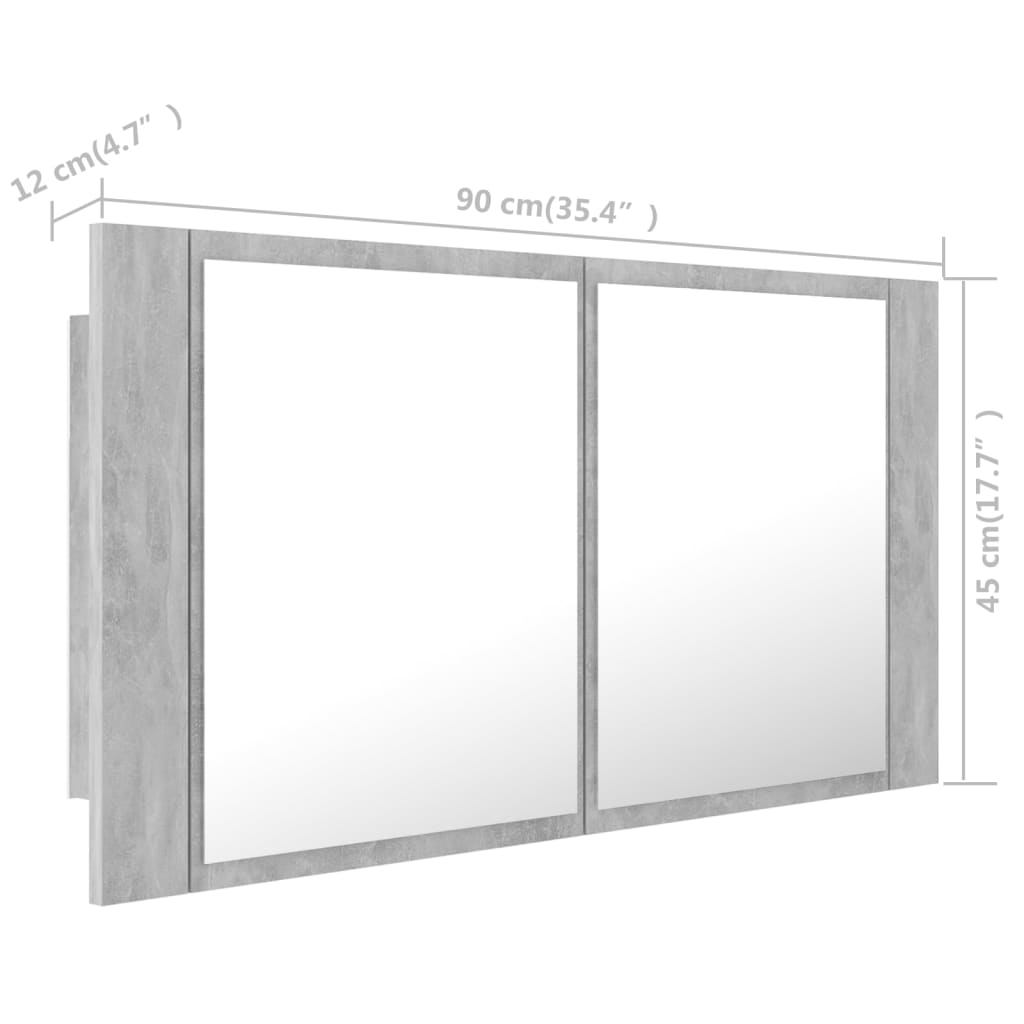 vidaXL betonszürke akril LED-es tükrös fürdőszobaszekrény 90x12x45 cm
