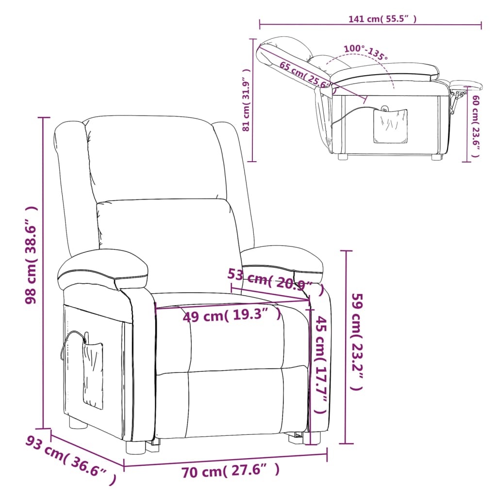 vidaXL lila műbőr és szövet elektromos dönthető TV-fotel