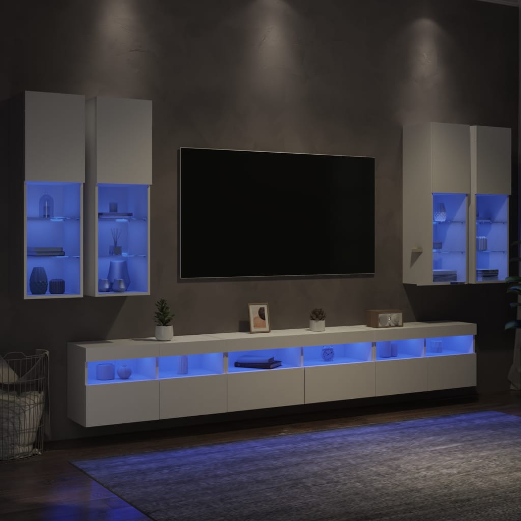 vidaXL 7 darabos fehér falra szerelhető TV-szekrényszett LED-ekkel