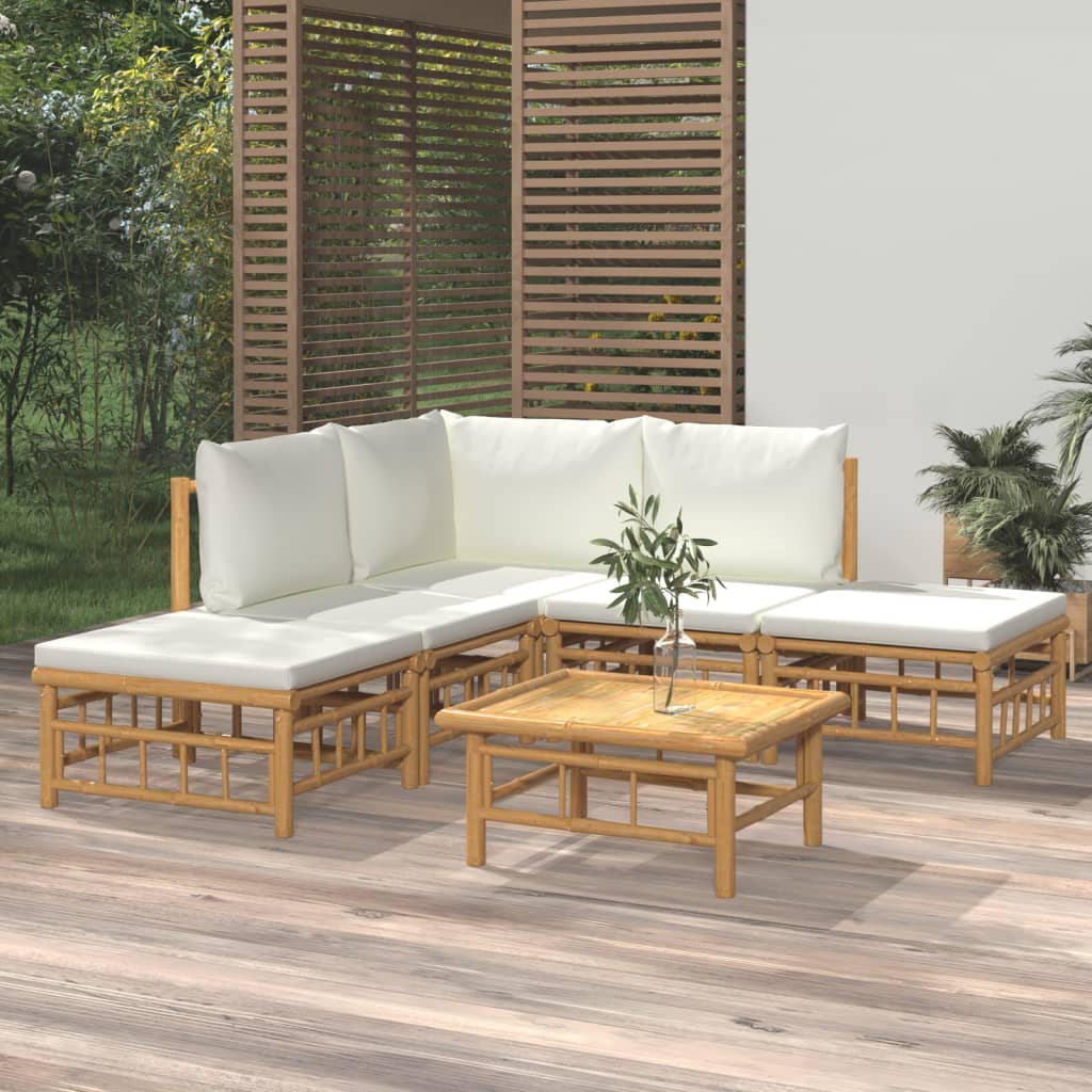 vidaXL 6 részes bambusz kerti ülőgarnitúra krémfehér párnákkal