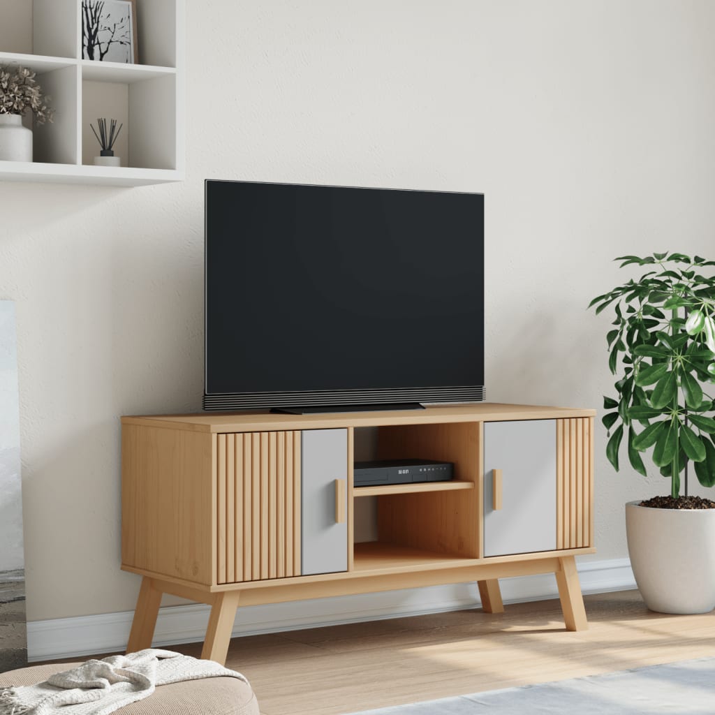 vidaXL OLDEN szürke és barna tömör fenyőfa TV-szekrény 114x43x57 cm