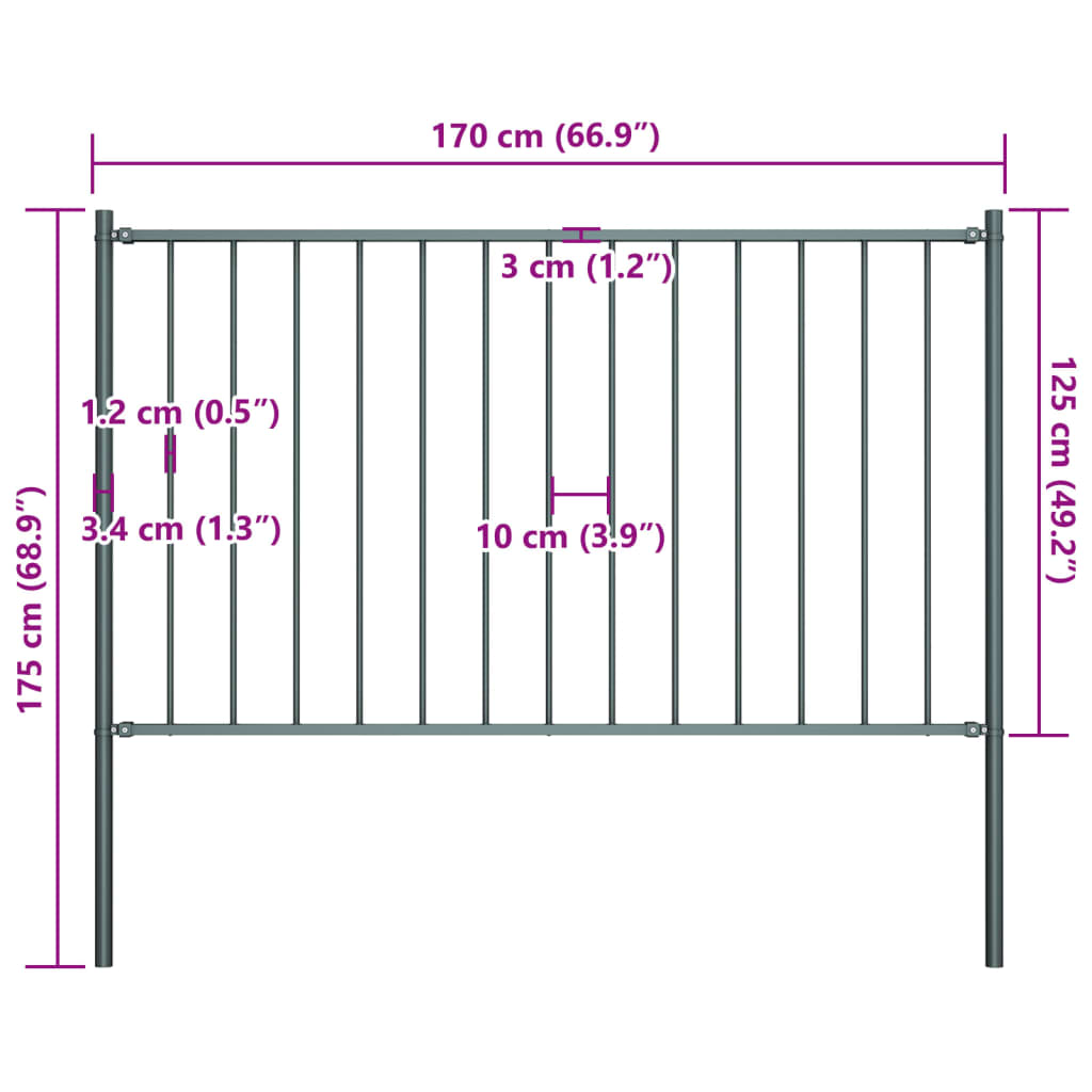 vidaXL antracitszürke porszórt acél kerítéspanel oszlopokkal 1,7x1,25