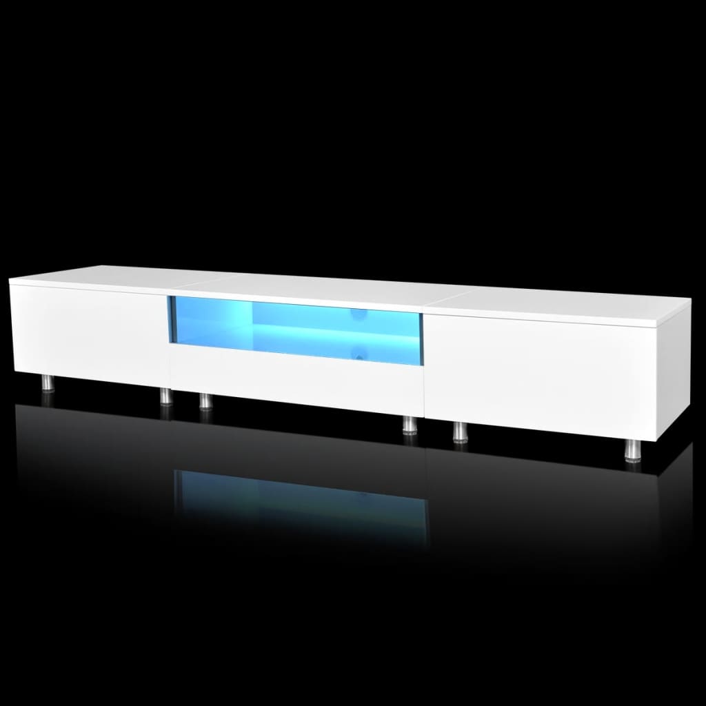 Fényes LED-es megvilágítású fehér TV állvány 200 cm