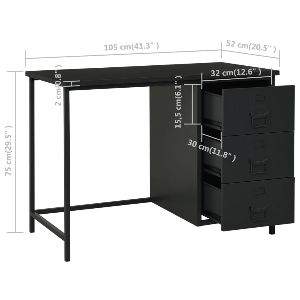 vidaXL fekete acél ipari stílusú íróasztal fiókokkal 105 x 52 x 75 cm