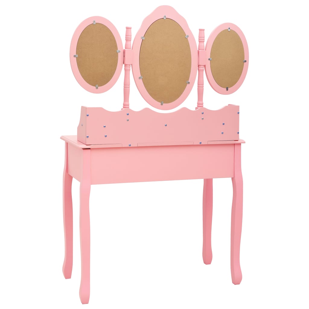 vidaXL rózsaszín fésülködőasztal ülőkével és háromrészes tükörrel