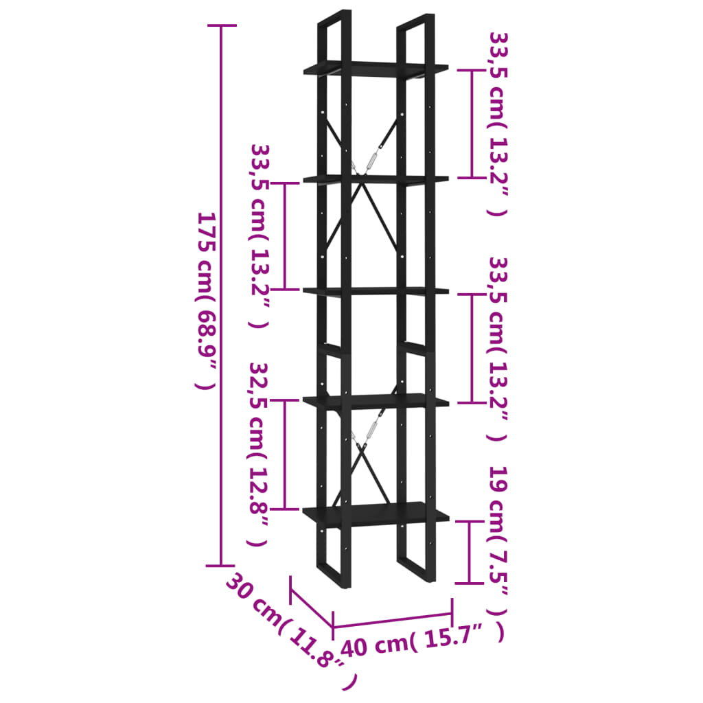 vidaXL 5 szintes fekete szerelt fa könyvszekrény 40 x 30 x 175 cm