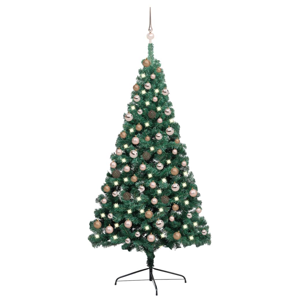 vidaXL zöld megvilágított fél műkarácsonyfa gömb szettel 180 cm