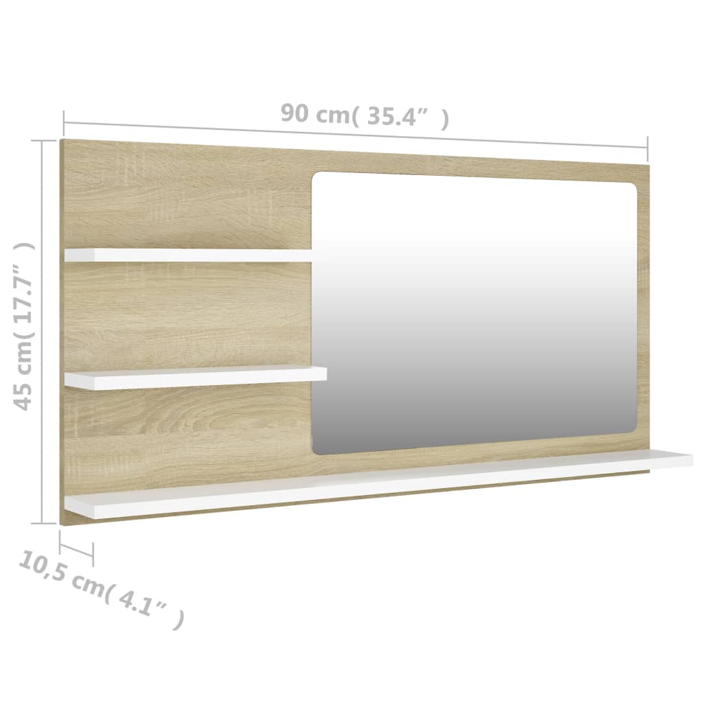 vidaXL fehér és sonoma színű forgácslap fürdőszobai tükör 90x10,5x45cm