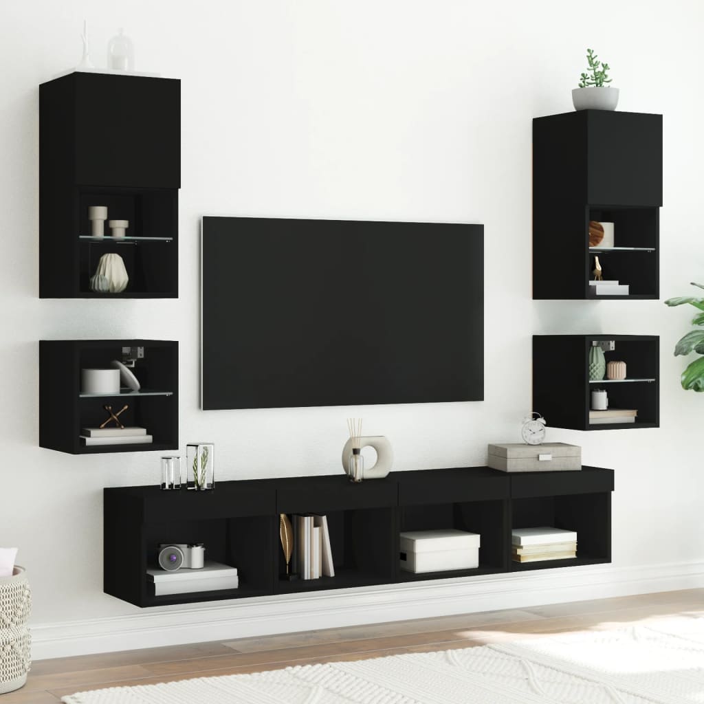 vidaXL 8 darab fekete szerelt fa fali TV-bútor LED-del