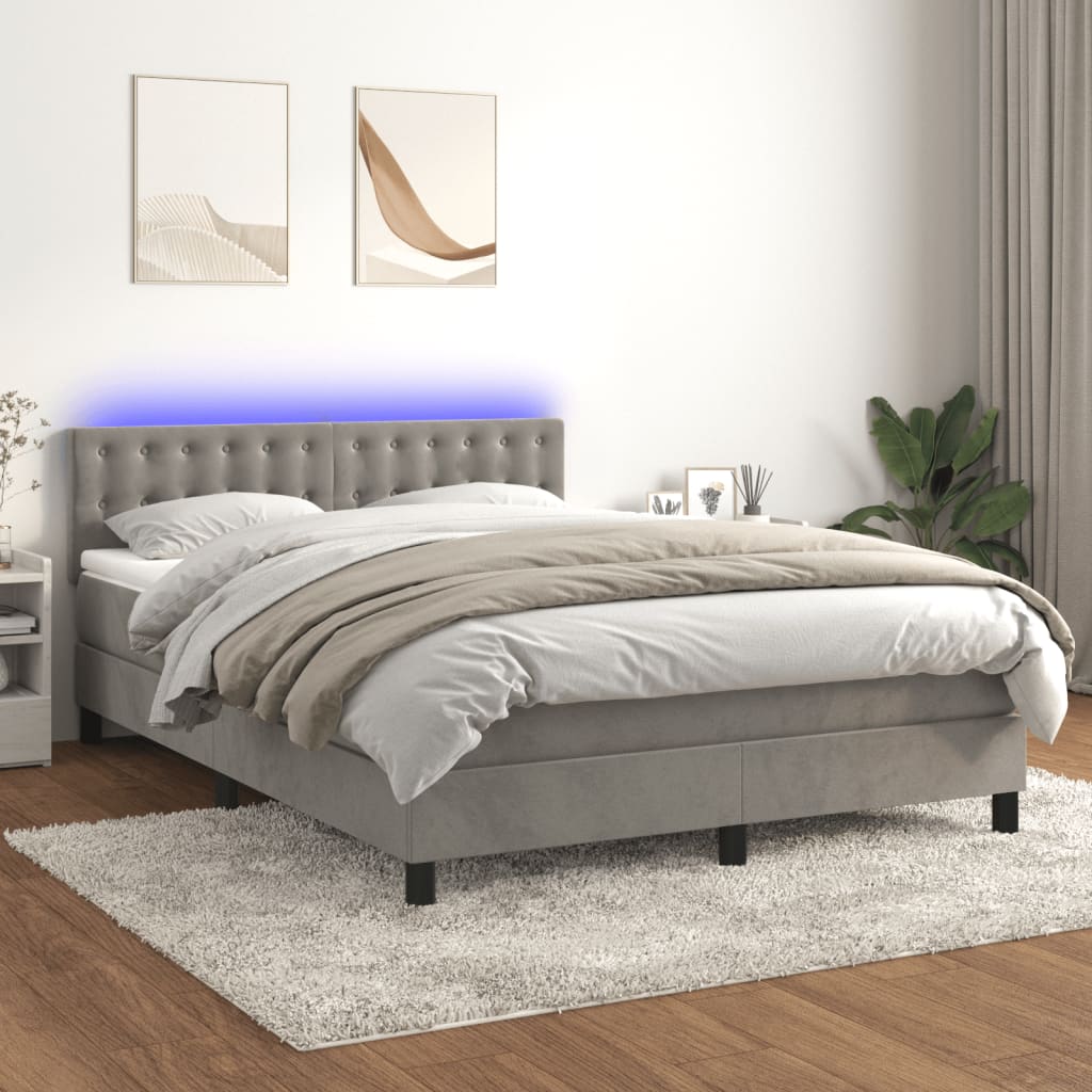 vidaXL világosszürke bársony rugós és LED-es ágy matraccal 140x200 cm