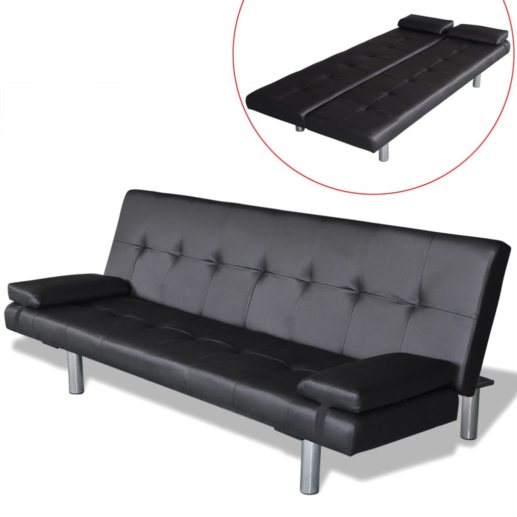 vidaXL fekete műbőr állítható kanapéágy két párnával