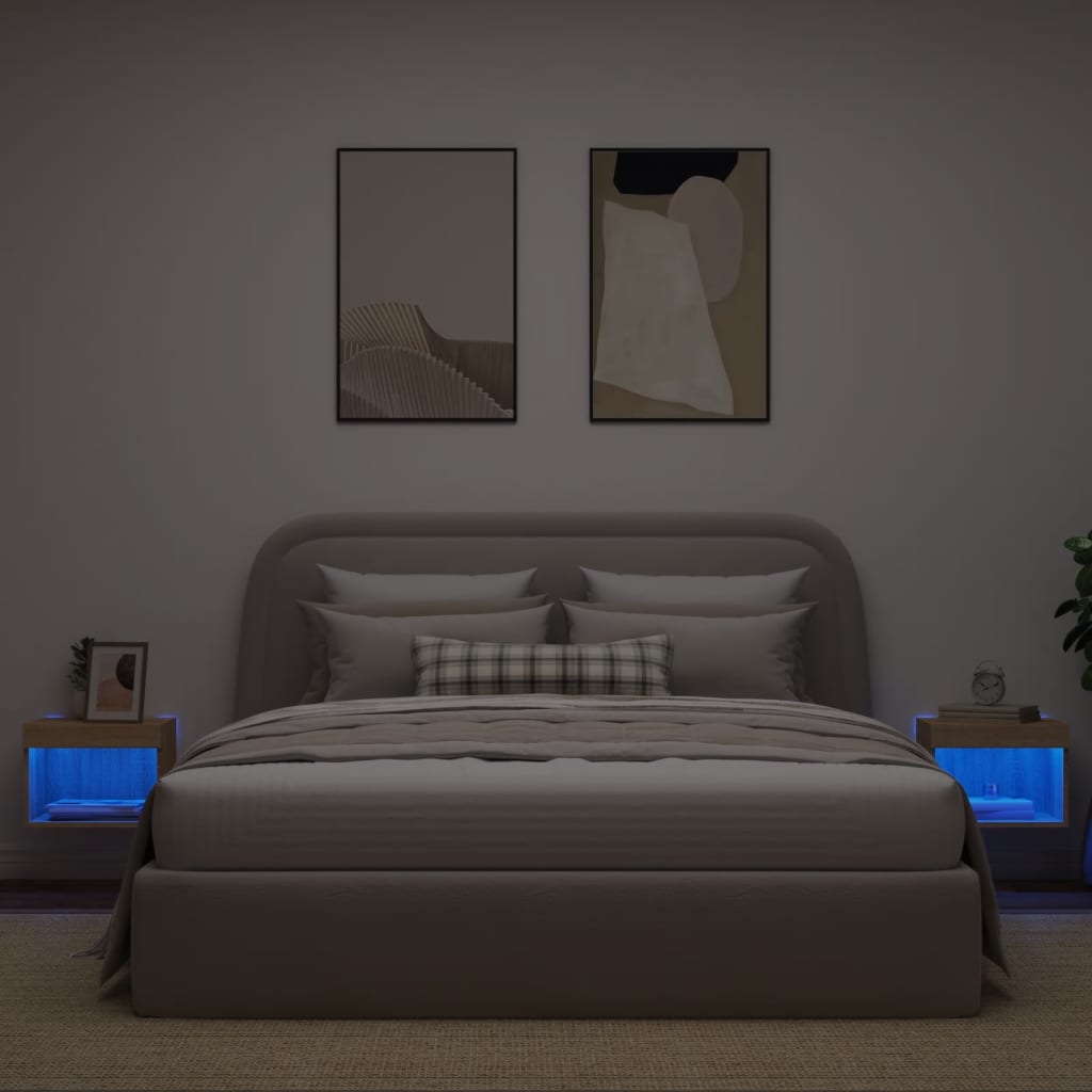 vidaXL 2 db sonoma tölgy színű fali éjjeliszekrény LED-világítással