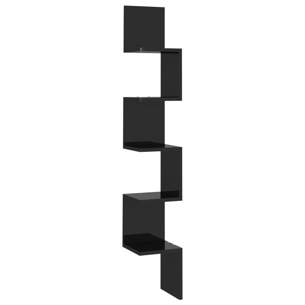 vidaXL magasfényű fekete forgácslap fali sarokpolc 20 x 20 x 127,5 cm